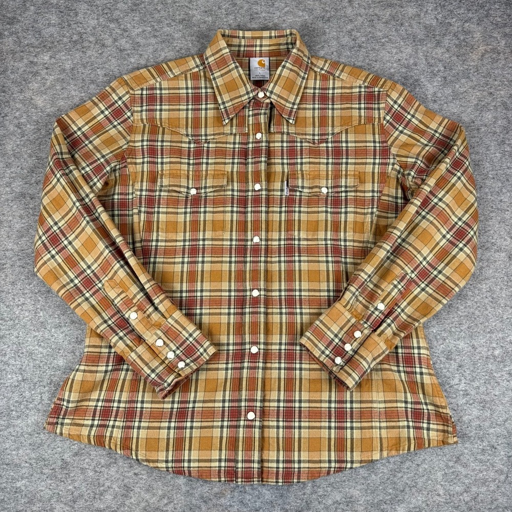 Carhartt Pearl Snap‎ Shirt Long Sleeve Flannel Plaid Cotton Womens Large L